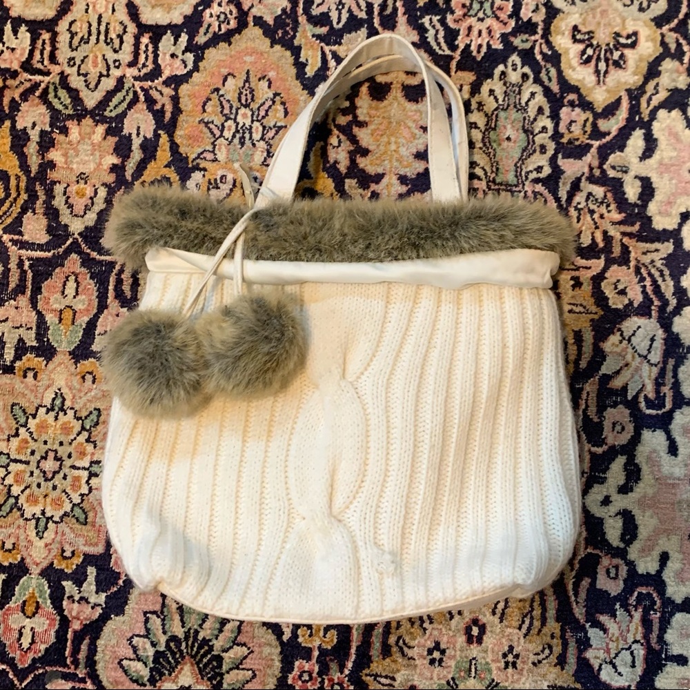Fur Trim Cable Knit Purse w Pom Poms y2k vintage